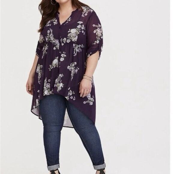torrid Tops - Torrid Purple Floral Chiffon Hi-Lo Tunic Blouse Sz.2